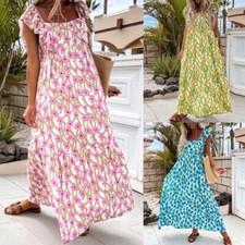 Women Sexy Vacation Ruffled Maxi Dresses Ladies Kaftan Short Sleeve Long Dress