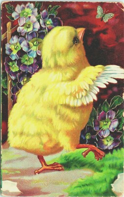 Vintage Easter Greeting Huge Baby Chick Flowers   - A18