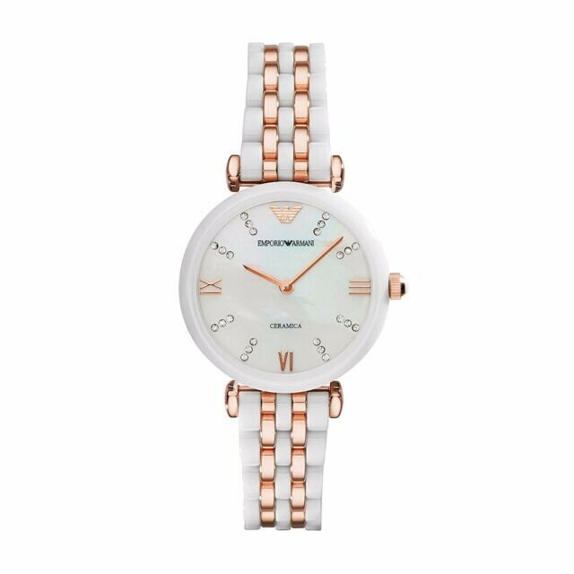 NWT Emporio Armani Strap Gianni T-Bar White Ceramic & Rose  display picture 3