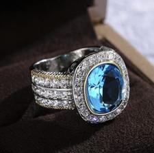 925 Silver Plated 3Ct Simulated Aquamarine Modern Womans Ring For Christmas Gift