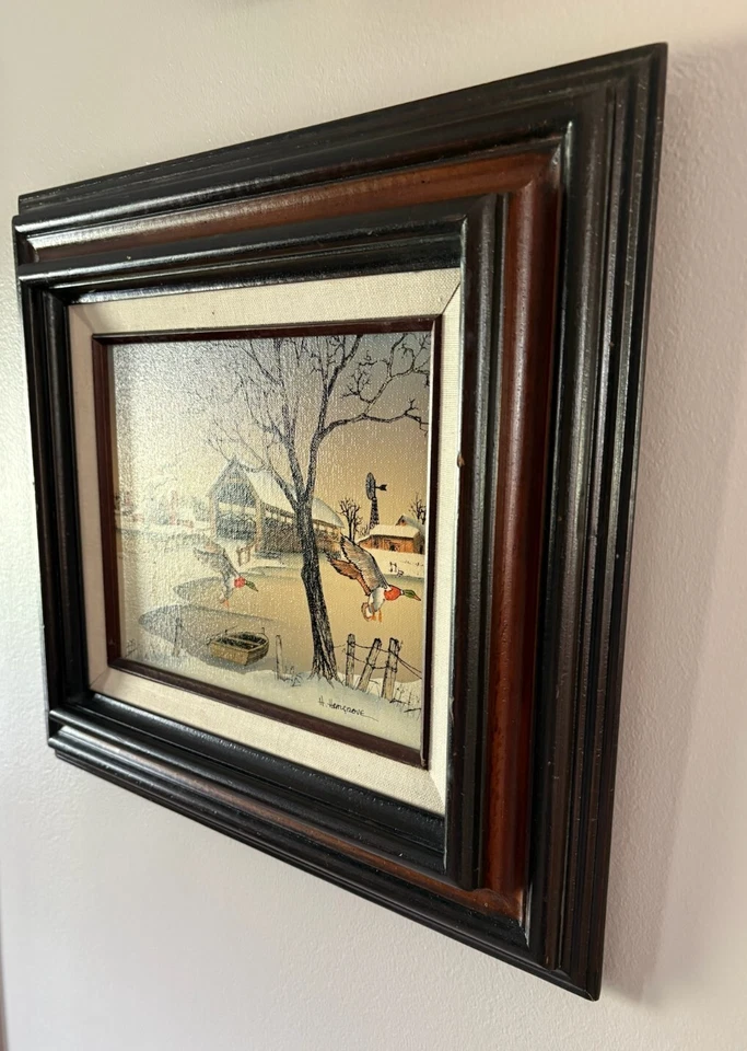 Pintura al óleo sobre lienzo firmada por H Hargrove de colección puente cubierto patos mallardos nieve Foto 2 de 4