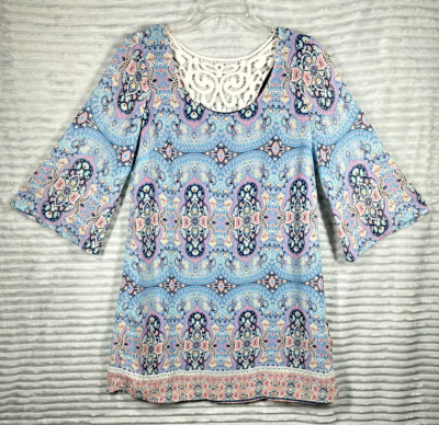 AUW Scoop Neck Blouse Top Women's S Tall Back Lace Embroidered Boho Artsy Hippie