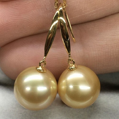 HUGE Perfect round AAAA 10-11mm south sea golden pearl earring 14k yellow gold - Picture 3 of 5