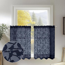 Textured Navy Blue Kitchen Sheer Curtain Tiers 36 inch Length 2 Panels Set, Eleg