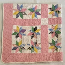 Vtg Handmade Hand Quilted Eight Point Touching Star Quilt 36x34 Pink Reversible