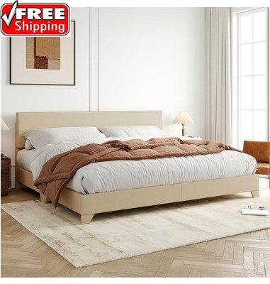 King Size Bed Frame with Adjustable Headboard Upholstered Platform Bed