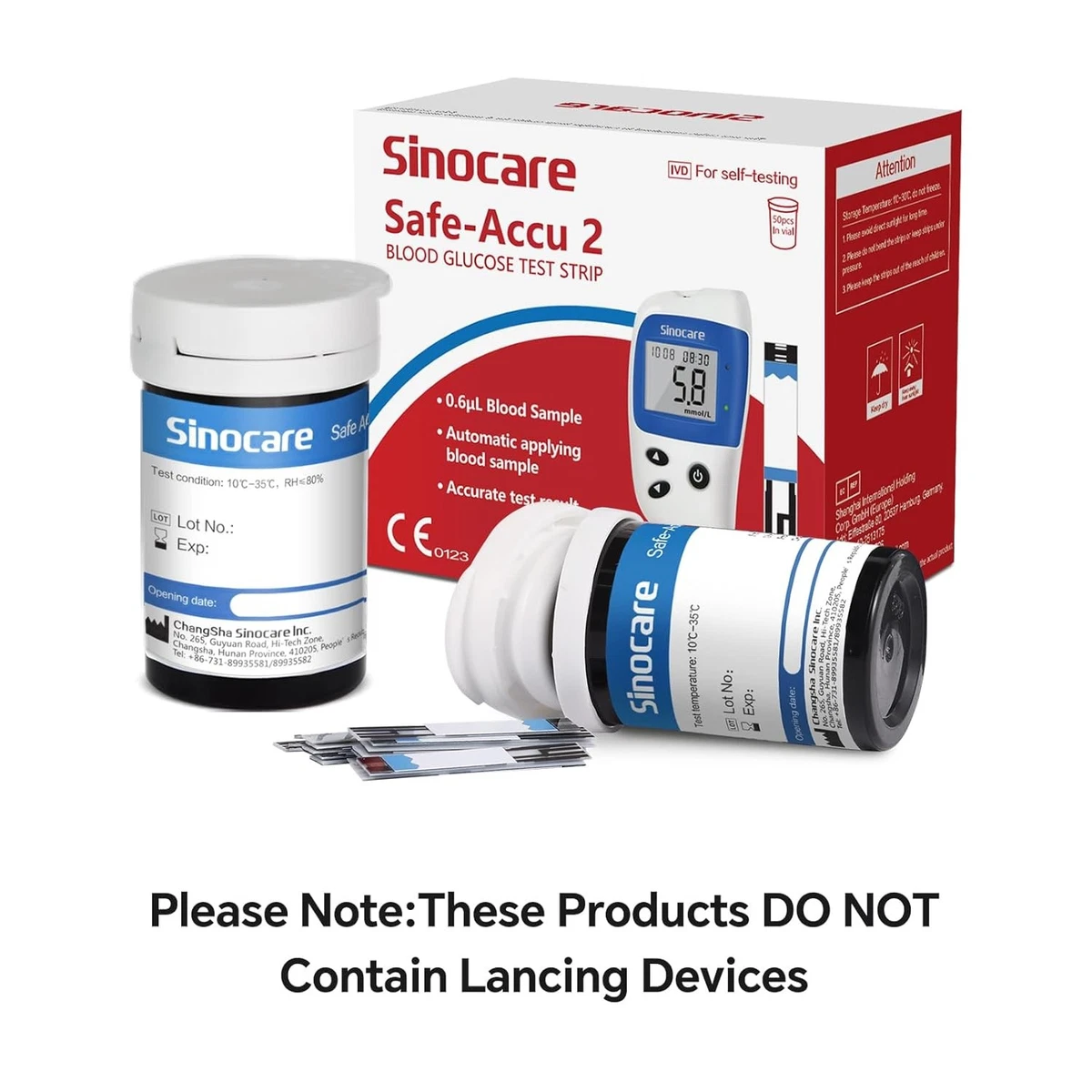 sinocare Safe-accu2 Tira , 50 x Tiras Sin Lancetas en Sangre Sin Lancetas