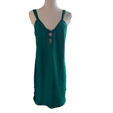 Vintage Emerald Blue Teal Satin Slip Nightgown Sleep Dress Medium Y2K Lingerie