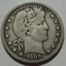 = 1908 FINE+ BARBER Quarter, Nice Original Problem Free Coin, FREE Shipping