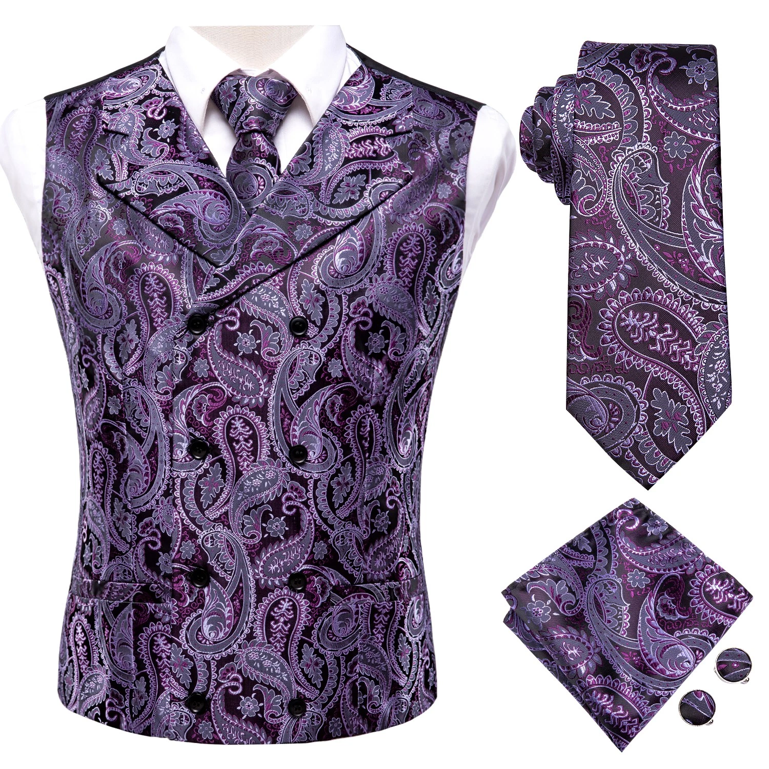 Hi-Tie Mens Waistcoat Purple Paisley Vest Tie Hankie Cufflinks Wedding Formal