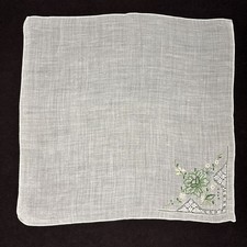 VTG Floral Embroidered Handkerchief Green Yellow White 11  X 11  