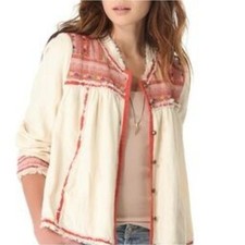 Free People Embroidered Boho Jacket Cream Orange Linen Blend Small
