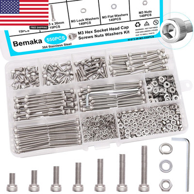 550PCS M3 Screw Kit, M3 X 6/8/12/16/20/25/30Mm Hex Socket Head Cap Screws Bolts