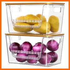 2 Pack Pantry Organizers,Clear Onion Storage Bins with Bamboo Lids  Stackabl...