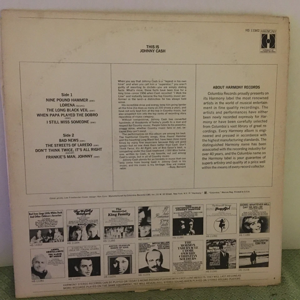 Johnny Cash Self Titled Harmony 11342 Record Album Vinyl LP - Image 2 of 4