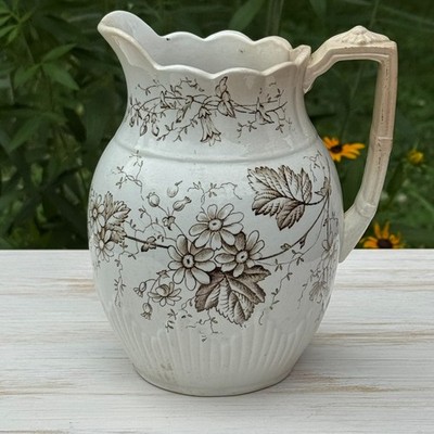 Antique Victorian Brown Transferware Ironstone Pitcher Floral Scalloped Rim 7 ''