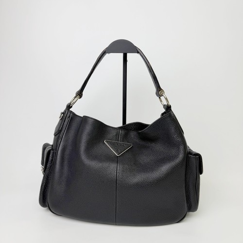 PRADA Triangle Logo Side Pocket Black Leather Hobo Shoulder Bag Silver Tone