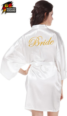 Satin Kimono Morgenmantel Damen Bademantel mit Goldstickerei V-Ausschnitt Brautm