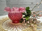 New ListingVINTAGE FENTON GLASS CRANBERRY OPALESCENT HOBNAIL RUFFLED ROSE BOWL VASE