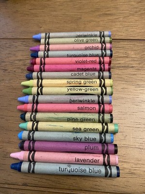 17 Vintage & Some Rare Crayons Lavender Sea Green Plum Salmon Sky Blue Orchid