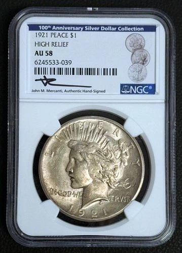 1921 PEACE SILVER DOLLAR .  NGC CERTIFIED AU58. PLEASANTLY TONED.