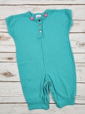Lightning Bug 12M Vintage 1990s Ribbed Teal Baby Romper Pink Rose Buttons