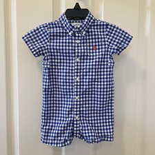 Ralph Lauren Blue Gingham Button-Down Polo Romper Cotton Boys Size 9 Months