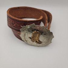 Vintage Western Tooled Leather Belt Cowboy Boots Buckle Brown Size Unknown