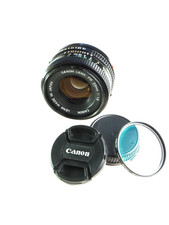 EX, TESTED, Canon FD New 50mm f/1.8 Lens for "A" series, Hoya Sky filter, caps