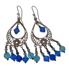 925 Sterling Silver Teardrop Filigree Chandelier Earrings Blue Crystals 8.4g