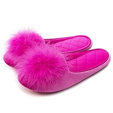 Women's Fuzzy Pom Pom Velvet Memory Foam House Slippers Ladies 11-12 Hot Pink