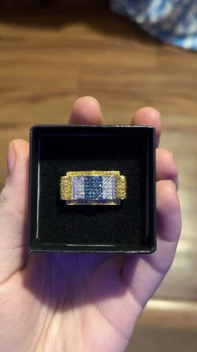 Men's Ring Antique Victorian 10K Gold Plated Blue and white Diamonds