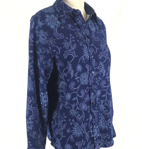 Basic Editions Top Womens Size M Navy Blue Jacobean Floral Print Long Sleeves - Picture 3 of 8