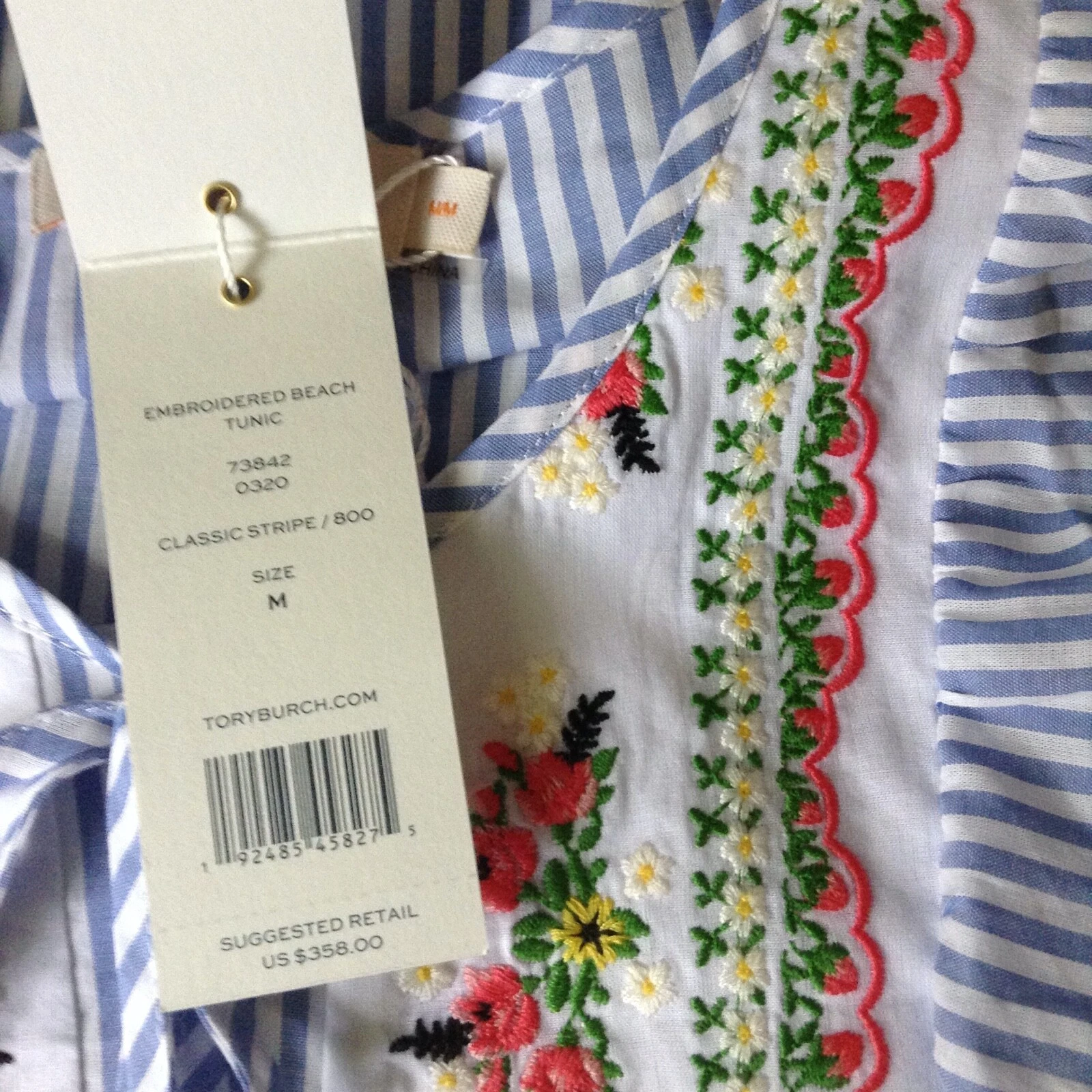 Tory Burch tunica da spiaggia ricamata M copricostume da bagno 6 8 spiaggia righe caftano nuova con etichette