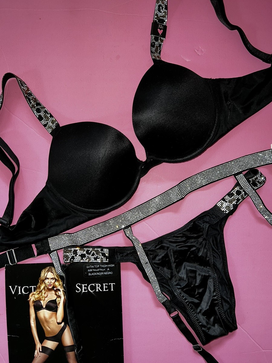 Victoria's Secret 32C BRA SET+GARTER+S,M panty BLACK silver animal