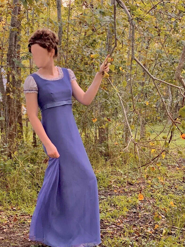 Vintage 90s Y2K Periwinkle Blue Regency Gown Dress Blue Ribbon Empire Waist - Image 2 of 4