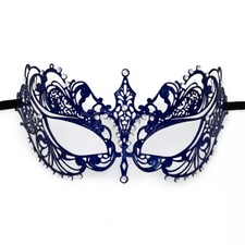 Dark Blue Light Metal Filigree Mardi Gras Venetian Masquerade Mask for Women