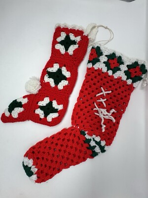 Set Of 2 Crocheted Hand Knit Granny Square White Green Red Christmas Stockings