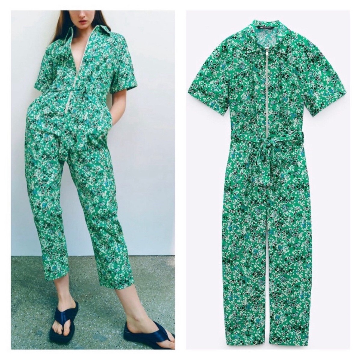 ZARA Printed Floral Belted Jumpsuit with Zip Front Fastening