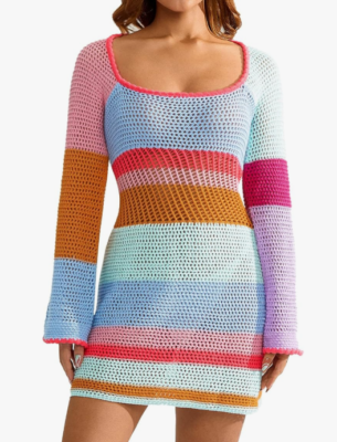 colorful knit mini dress Crochet Long Sleeve Mesh Cover Ups Casual Sweater Noah Midi Dress