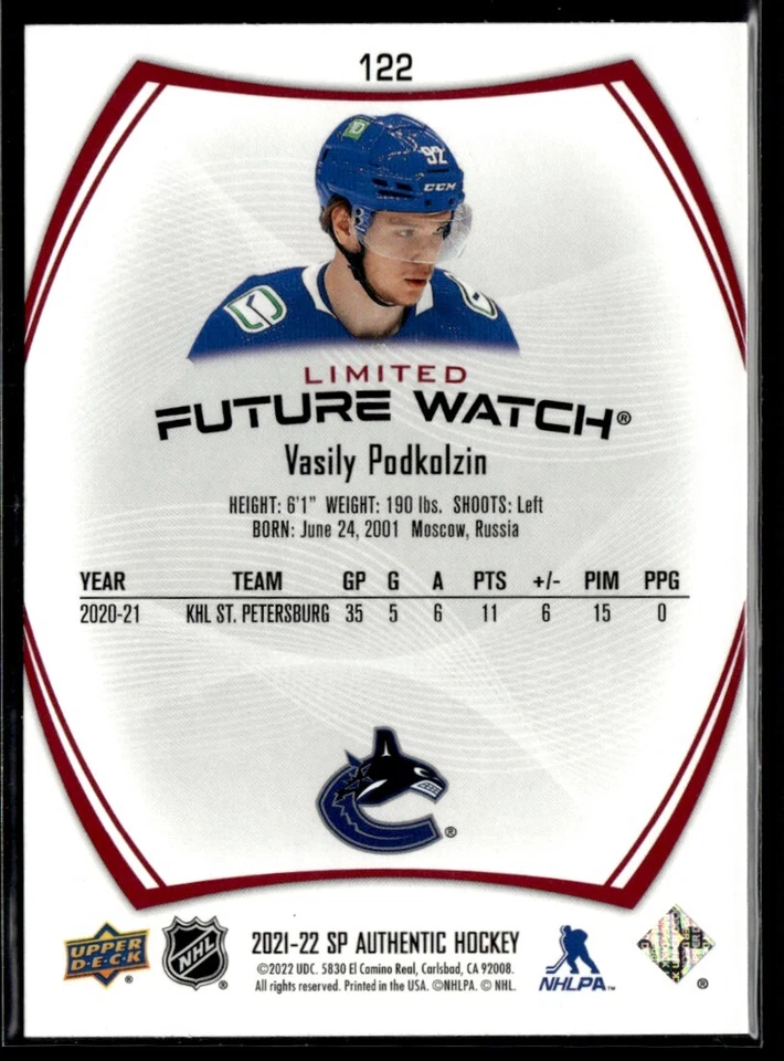 2021-22 SP Authentic limited red Vasily Podkolzin Rookie #122 - Image 2 of 2