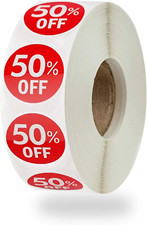 1000 Stickers, Discount Percent Off, 1 Inch Round, Promotion Labels 50 off Red 