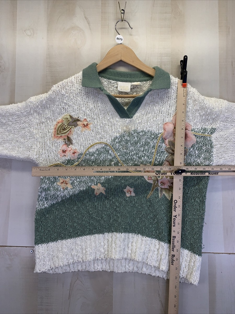Vintage 80s Knotty Knit Floral Beaded Grandmacore Sweater Womens