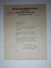 1920 WOLVERINE BRASS WORKS Payment Receipt GRAND RAPIDS MICHIGAN Letterhead