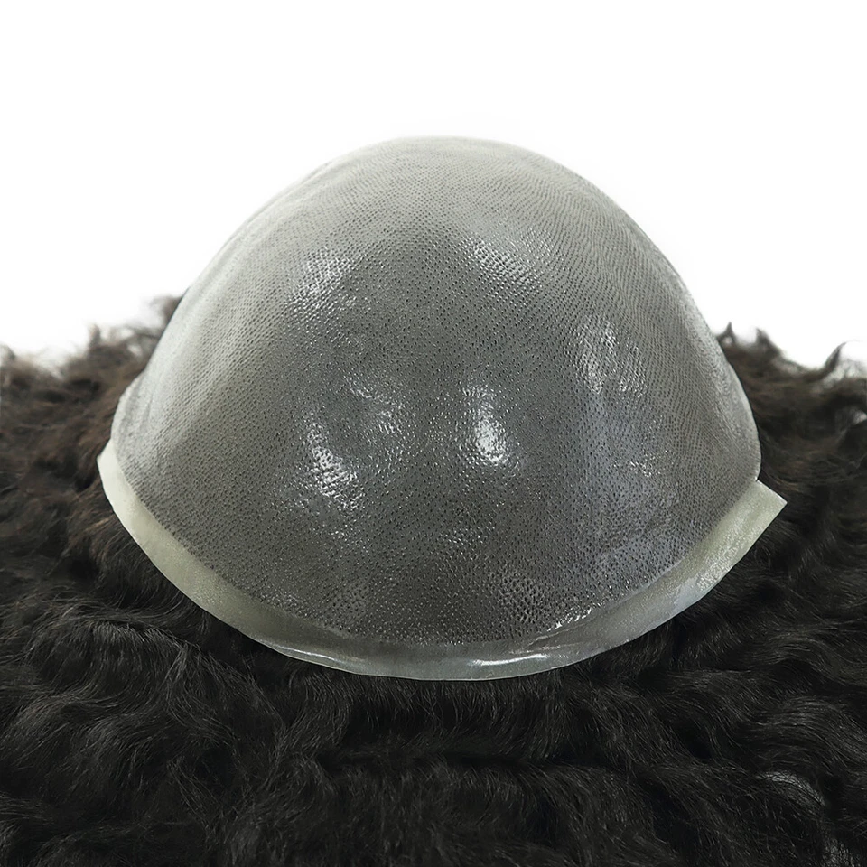 Mens Human Hair Replacement System Afro Curl Poly Skin Toupee Black Hair Pieces - Image 3 of 4