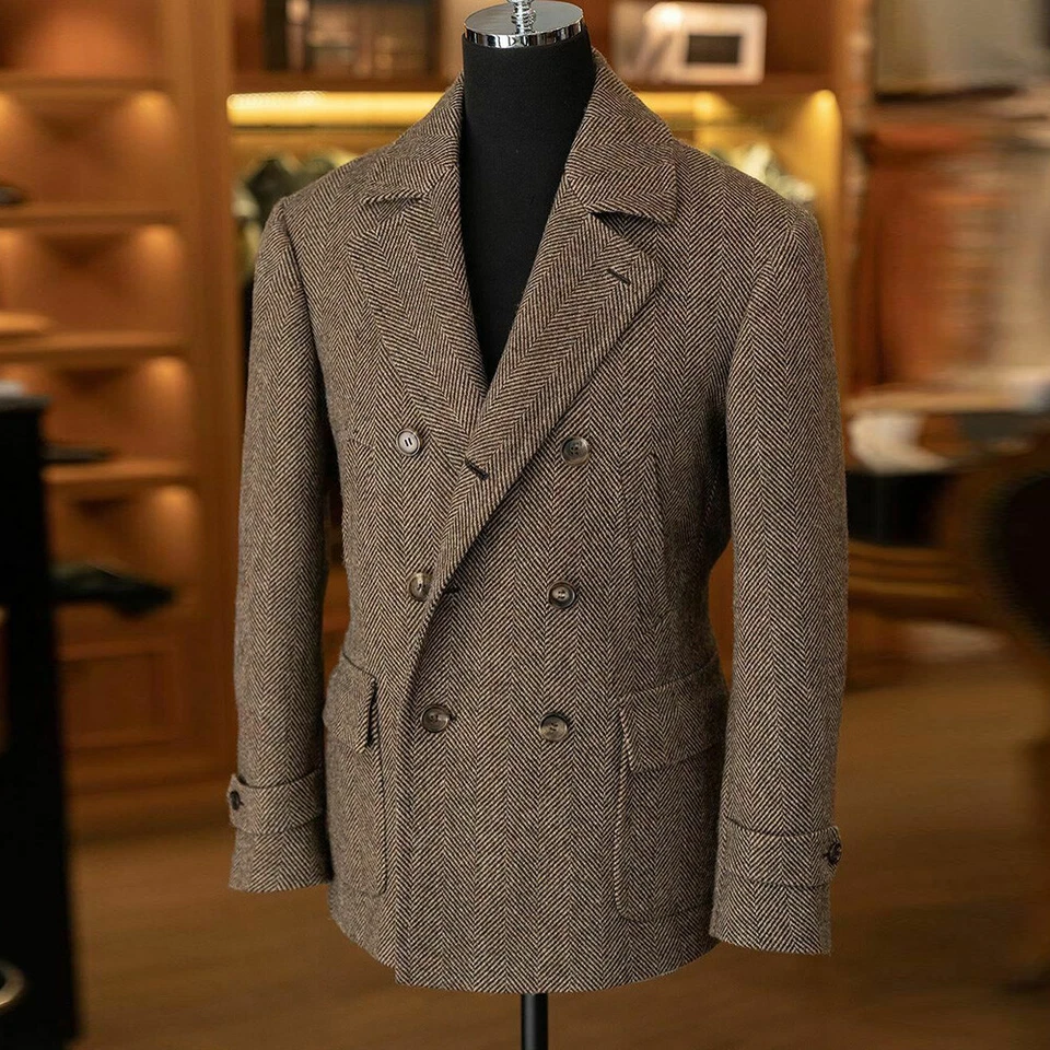 Men's Suit Herringbone British Style Formal Business With Belt Jacket Tweed Coat - Image 2 of 4