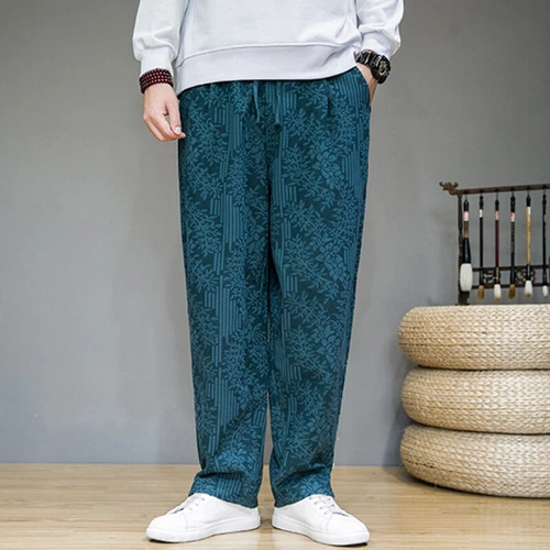 Men Linen Blend Floral Joggers Pants Ethnic Casual Elastic Waist Long Trousers - Picture 7 of 17