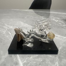Glass Dragon Sculpture with Beads, Glass, Black Base, Collectible Display