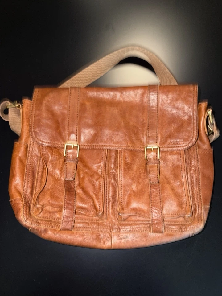 Fossil Leather Messenger Bag Brown Crossbody Shoulder Laptop Work Satchel - Image 2 of 4