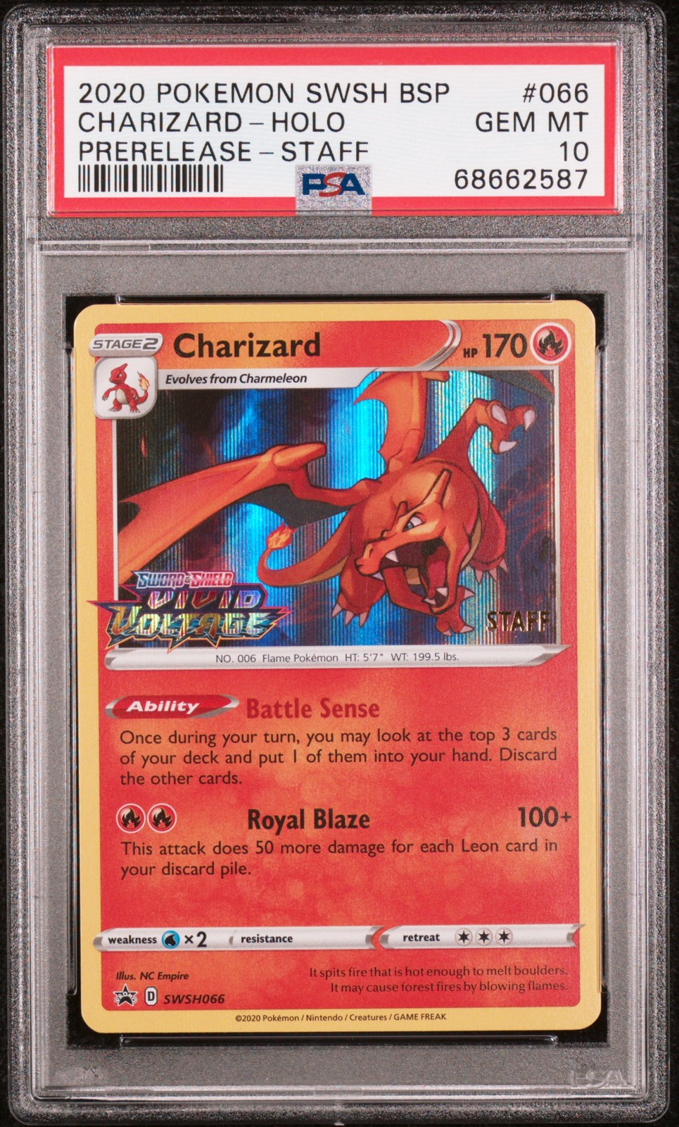 2020 POKEMON SWSH BLACK STAR PROMO PRERELEASE-STAFF #066 CHARIZARD-HOLO PSA 10
